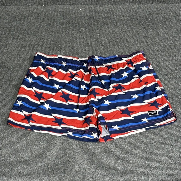 Speedo Swim Trunks Shorts Mens XXL USA Flag Red White Blue Stars Drawstring - Picture 1 of 12